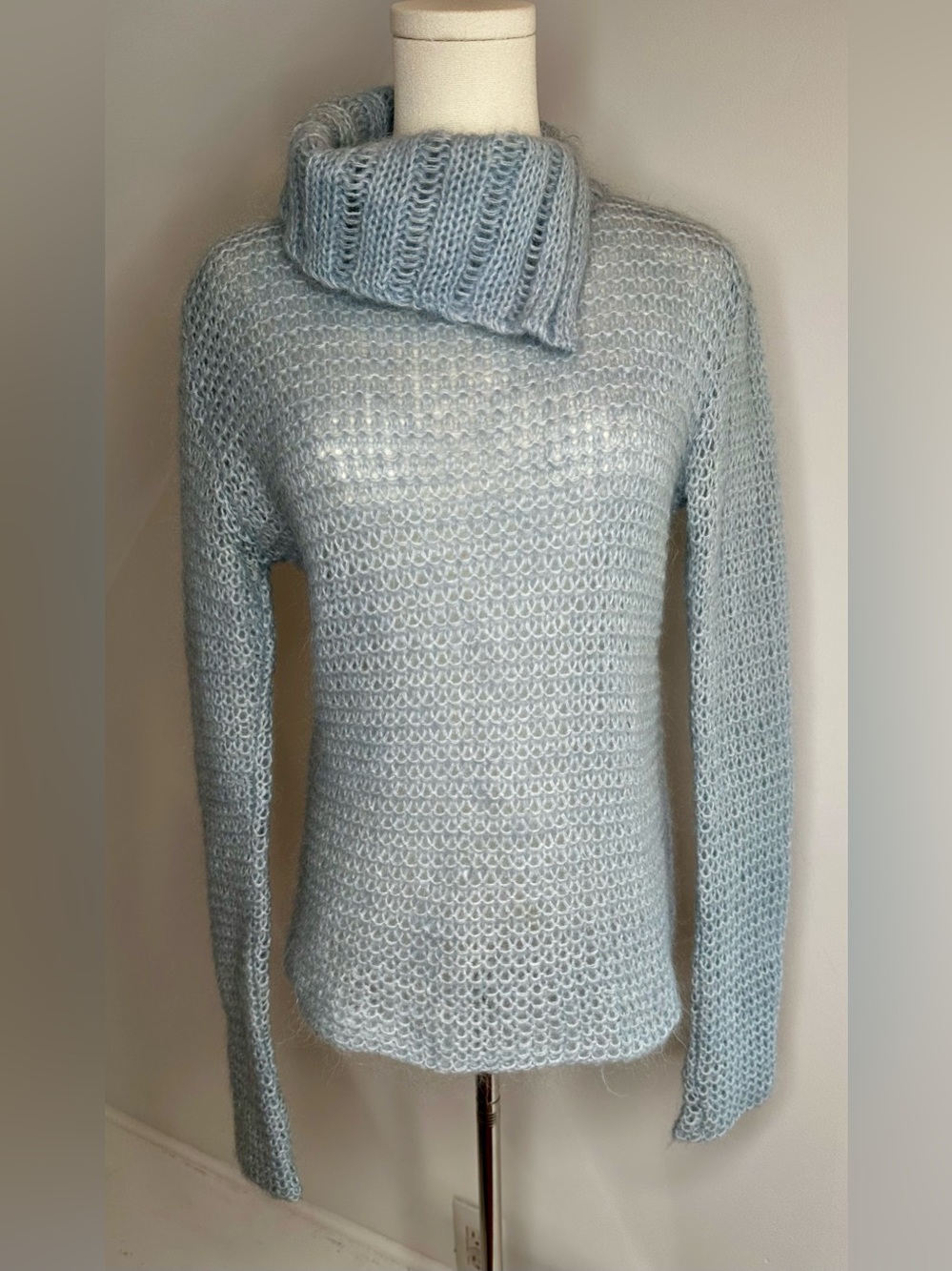 Free People Chunky Open Knit Turtleneck Sweater Icy Blue Wool Blend M